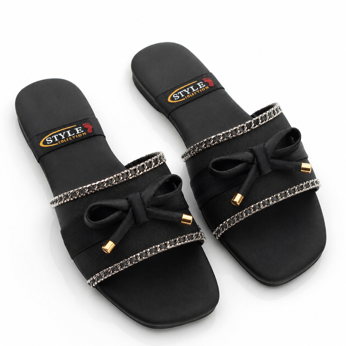 Black Bow Chain Flat Sandals – Trendy Everyday Footwear