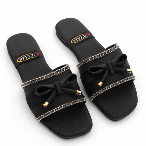 Black Bow Chain Flat Sandals – Trendy Everyday Footwear