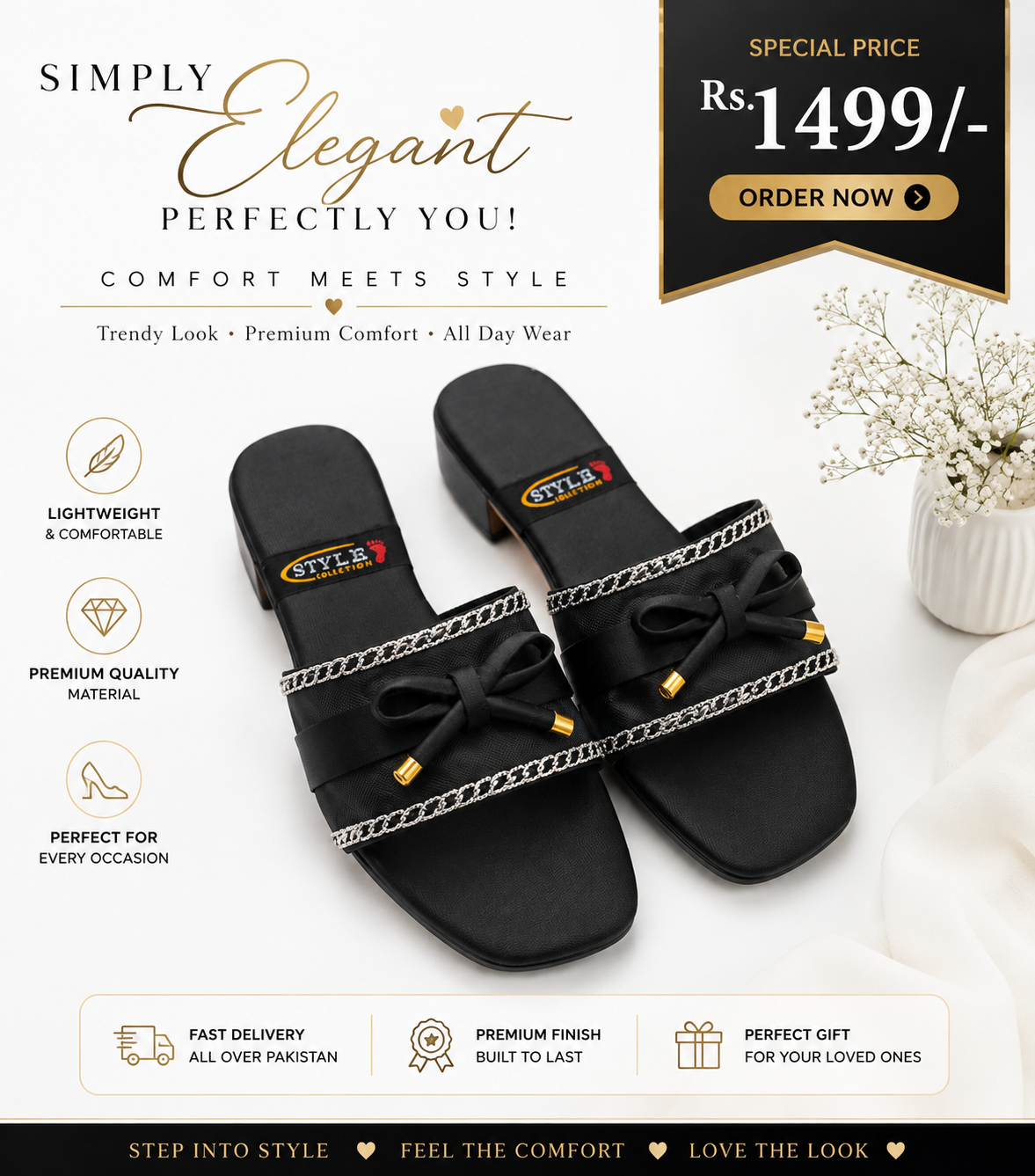 Black Bow Chain Flat Sandals – Trendy Everyday Footwear