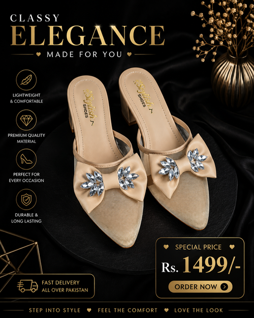 Classy Elegance Beige Crystal Bow Heels